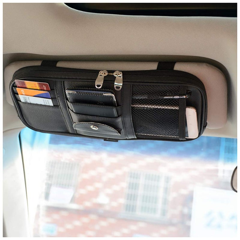 Lynkaye Car Sun Visor Organizer Bag,PU leather Universal Auto Interior Accessories Pocket Organizer,Multi-Function Registration and Document Holder Pouch,Sunglasses Ticket Documents Pen Card Holder (Black) - Image 1